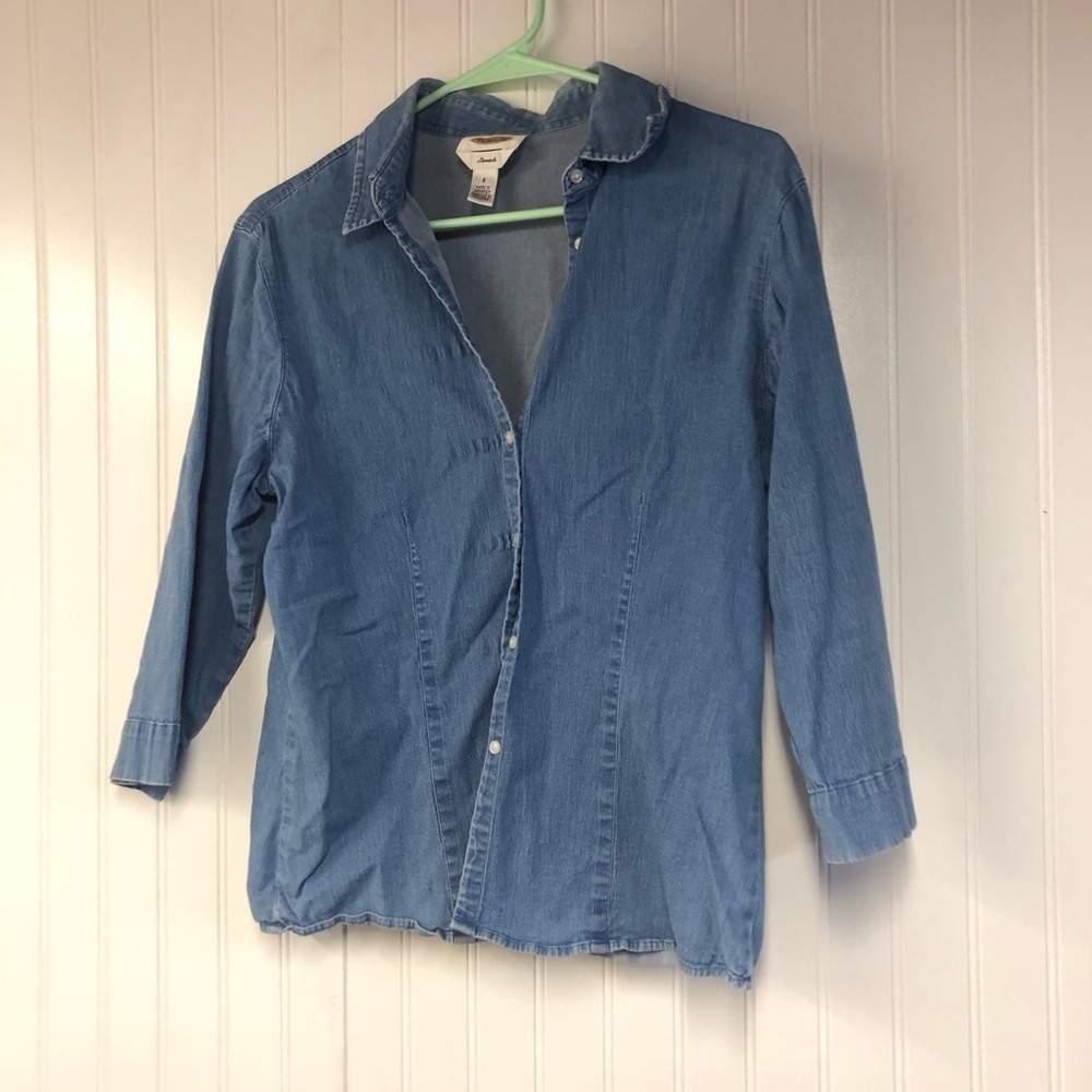 Talbots Vintage Women's Blue Denim Button Down Blouse 3/4 Sleeve Fitted Size 8